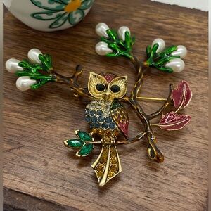Vintage Enamel Faux Pearl and Rhinestone Owl on a Branch Brooch J015